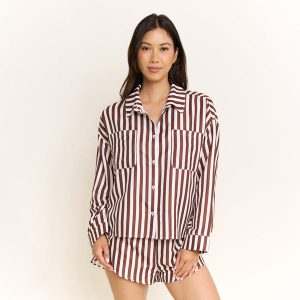 Brunch Date Long Sleeve Shortie PJ Set in Chocolate Stripe