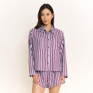 Brunch Date Long Sleeve Shortie PJ Set in Wine Stripe